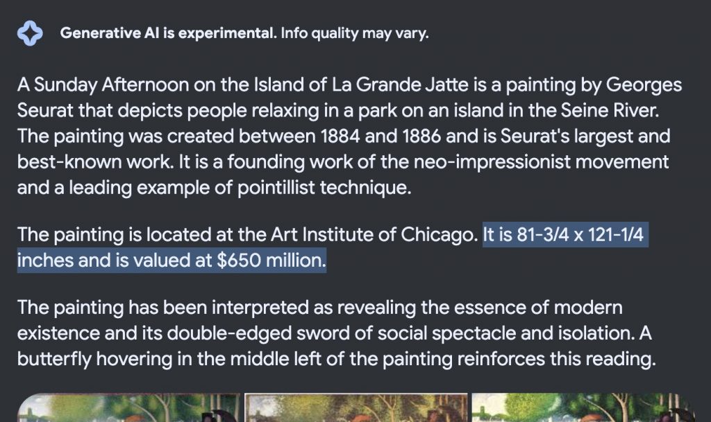Page of Google A.I.-enabled search results for "Sunday Afternoon on the Island of La Grande Jatte."