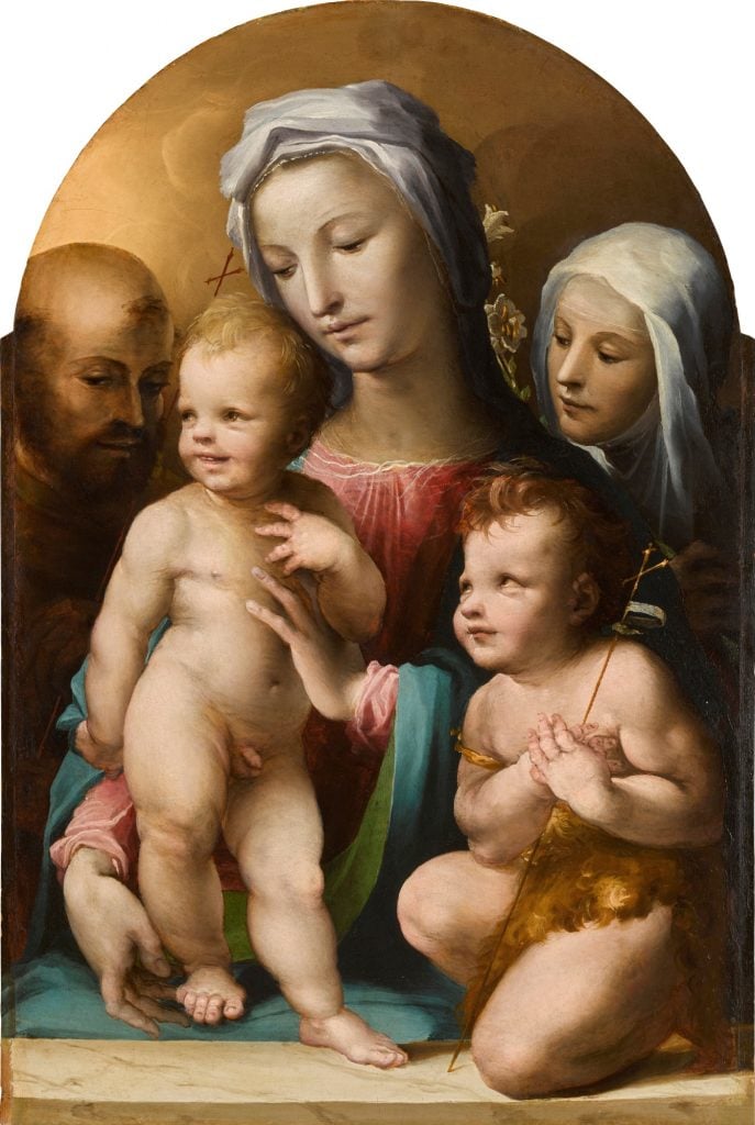 Domenico Beccafumi, <i>The Virgin and Child, with the infant St John the Baptist, St Francis and St Catherine of Siena</i>. Courtesy of Sotheby's.