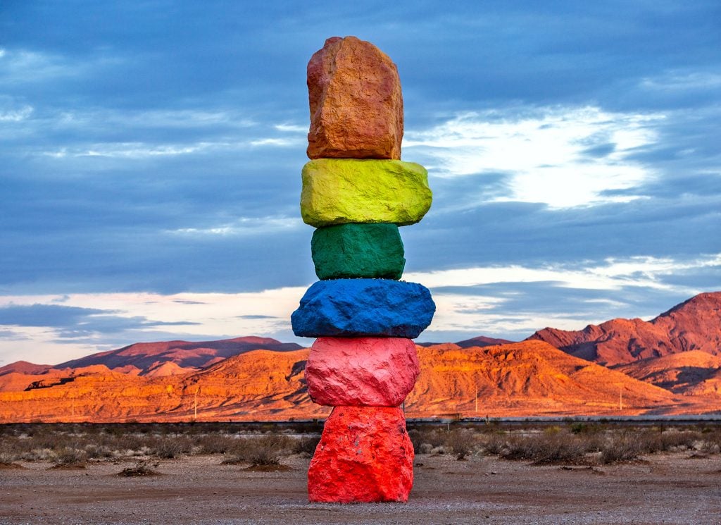 Seven Magic Mountains, a public art installation by Swiss artist Ugo Rondinone, features a series of large, brightly colored stacked boulders south of Las Vegas, sponsored by Aria Resort and Casino. (Photo by George Rose/Getty Images)