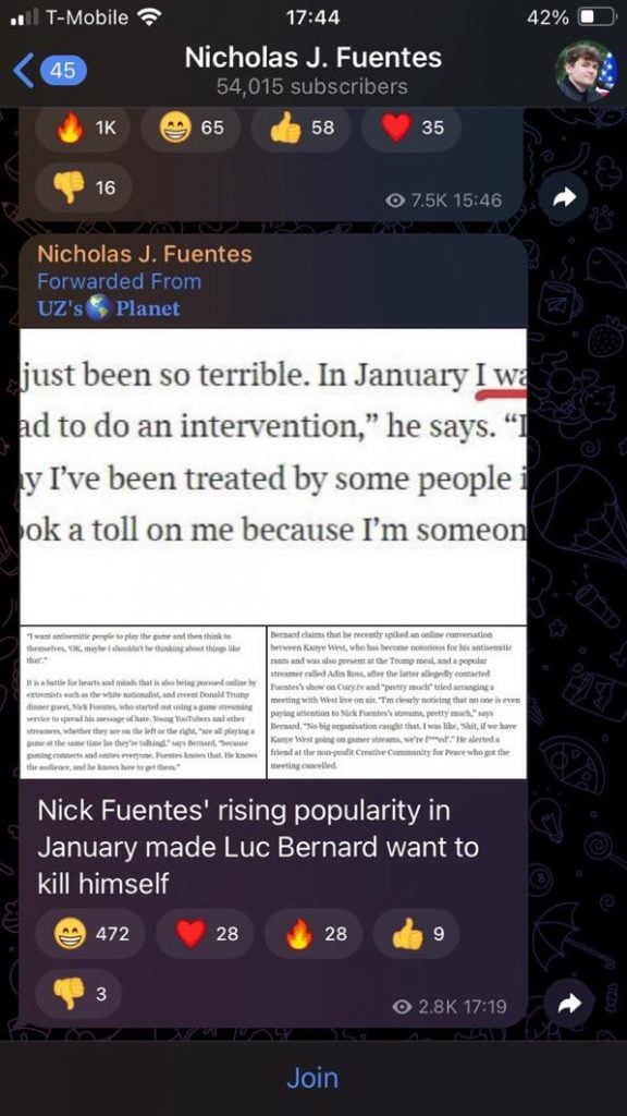 A screenshot of Nick Fuentes on Telegram, talking about Luc Bernard, the creator of a Holocaust museum for the game <em>Fortnite</em>. 