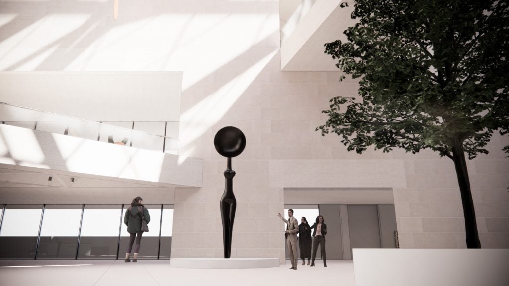 Simone Leigh, <em>Sentinel</em> (2022). Rendering of future installation of the work in the National Gallery of Art’s East Building Atrium. Image courtesy of the National Gallery of Art, Washington, D.C.