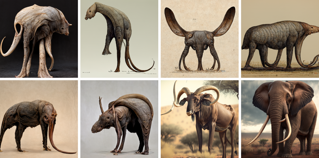 Eight images of creatures with elephant-like features. One presents a wooden or leathery creature standing on tree-trunk appendages, featuring a curved tusk and a trunk-like appendage. Another depicts a creature with elongated legs, curved tusks, and no ears. One is a mix of elephantine traits, including wing-like ears and trunk-like appendages, resting on a single leg. Another shows a creature with odd-shaped limbs, a pointed head, and a long trunk-like extension. A taxidermy-like creature resembling a decaying elephant with a curved tusk is shown on three legs. There is a creature with a moose or rhinoceros-shaped head, an upright horn, and some elephant-like features. Another shows a wildebeest-like animal with ram-like horns and distinctive lips, accompanied by a floating curving horn in a savanna environment. Lastly, an African elephant with very slight proportion deviations, like a thin trunk end, extra short tusk, and additional toes, is seen in a savannah-like setting.