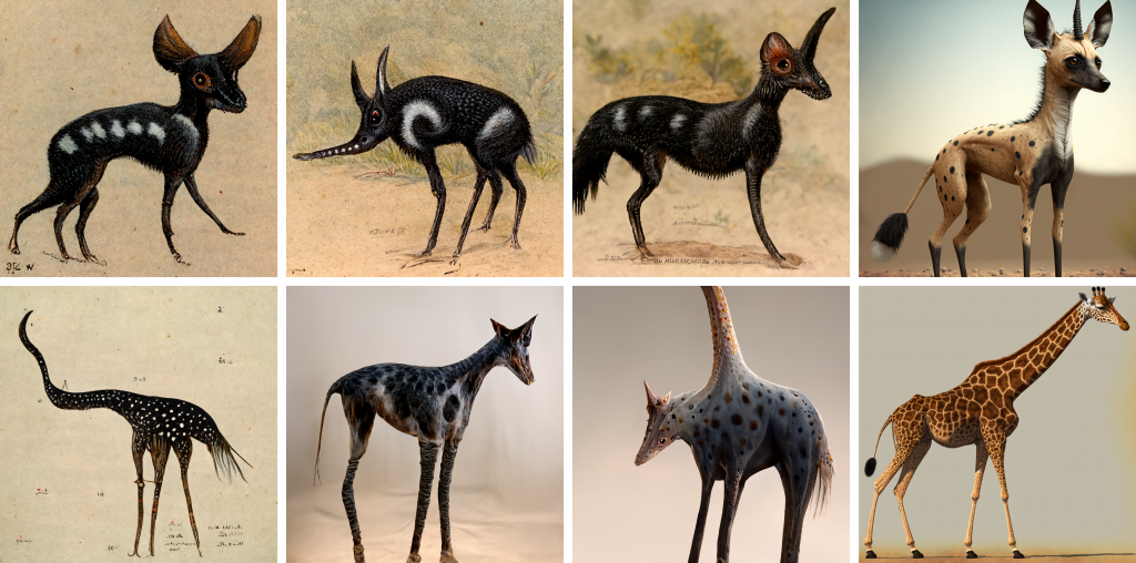 Eight images of unusual animals. One shows a small dog-like creature with large ears and eyes, black fur with white spots, and an extra hind leg. Another depicts a creature with a dog-like body, four long, thin legs, and an elongated nose or horn. There's a small creature with a dog-like body, short wide ears, and a single horn on its forehead. One shows an anatomically unique animal resembling a combination of a dog, gazelle, and giraffe, with a chihuahua-like head, a short horn, and black polka dots. Another shows a peculiar creature with three legs, a feather-like tail, and a long neck tapering to a point. There is a horse or dog-like creature with three legs, a giraffe-shaped head, and a spotted wrinkled fabric or fur. Another shows an implausible animal with two long legs in front, a thick leg in the back, and a horn-like protrusion above its shoulder. Lastly, there's a depiction of a giraffe with minor imperfections, such as an extra horn-like protrusion and an additional tail.