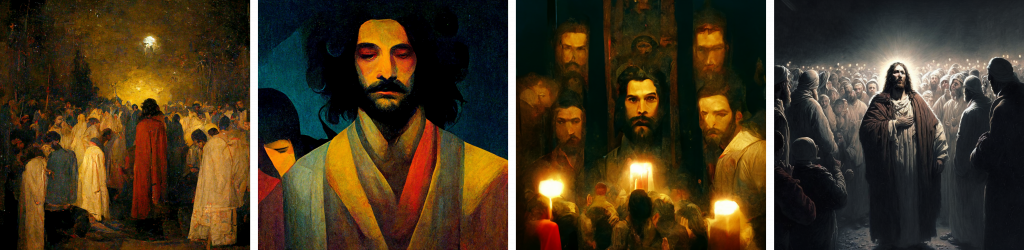 The first image presents an impressionistic painting of a crowd of people in blue and white gowns surrounding a taller figure wearing a red cloak. The faces are not clearly visible, and the scene is set at night with vague trees and a partially obscured moon. The second image features a stylized portrait of a man with black hair and a beard, depicted in low detail. He wears a multi-colored robe, and another figure is abstractly represented behind him. In the third image, a loose, gestural portrait shows several faces arranged in a circle around a central man with a beard. Bright candles and objects interspersed between them create a medieval iconography-inspired composition. The fourth image depicts a detailed nighttime scene with a crowd gathered around a robed man. He has a halo-like light behind his head, evoking a sense of divinity, and the painting has a semi-realistic and narrative quality commonly found in contemporary Christian-themed art.