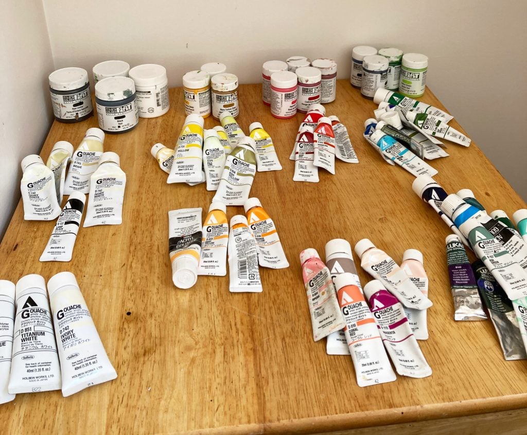 My paints - mostly Holbein acryla gouache and Golden flat acrylics.)