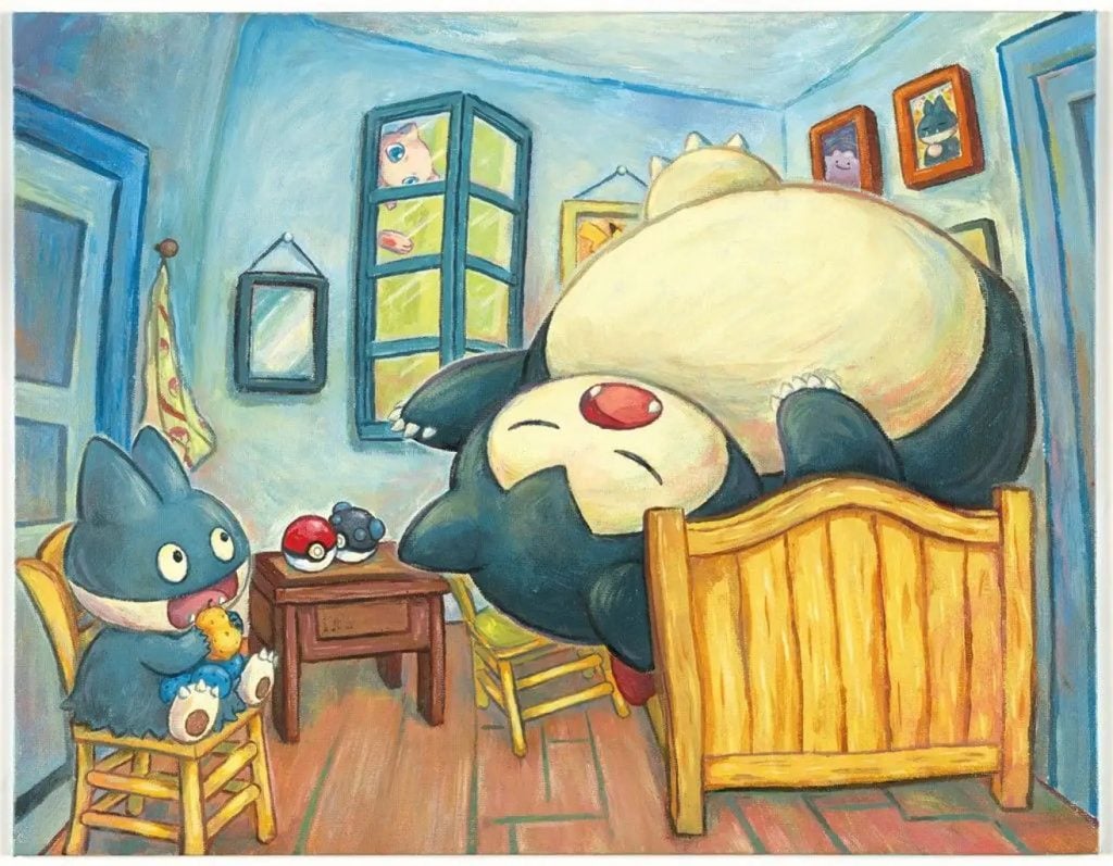 Sowsow, Munchlax & Snorlax inspired by Vincent van Gogh's The Bedroom (1888). Courtesy of the Pokémon Company International, ©2023 Pokémon/ Nintendo/Creatures/Game Freak.