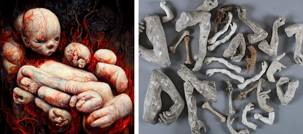 1) A grotesque illustration of a baby’s head next to a variety of amorphous objects that resemble severed arms and legs, some with fused hands or fingers. They are surrounded by a mass of blood red veins and tendrils. 2) A photograph of 30 to 40 plaster limbs, which Auguste Rodin referred to as “giblets,” lying together in a messy collection. There are gesturing hands, forearms outstretched or bent at the elbow, and a few bones resembling human femurs. Some of the arms appear to be life-size, and many are much smaller. They are all loosely modeled, with the smaller arms being strangely distorted and lumpy.