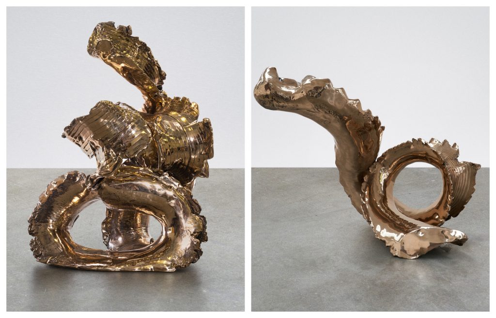 Sculptures by Lynda Benglis served as gleaming runway scenography. Courtesy of Loewe.