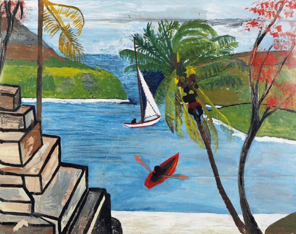 Frank Walter, <i>Man Climbing a Coconut Palm and View of Red Canoe and Boat in Harbour</i> (undated). Courtesy Frank Walter Family and Kenneth M. Milton Fine Art.