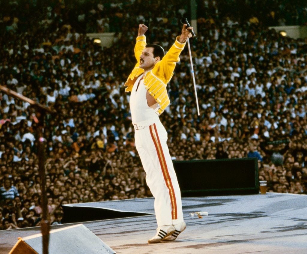 Freddie Mercury and Queen in concert at Wembley Stadium, London, in 1986. Photo: Richard Young. Courtesy of Sotheby's.