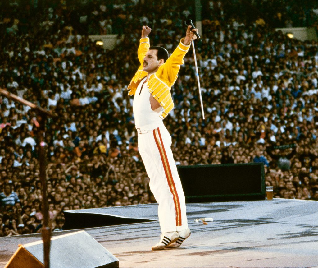 Freddie Mercury and Queen in concert at Wembley Stadium, London, in 1986. Photo: Richard Young. Courtesy of Sotheby's.