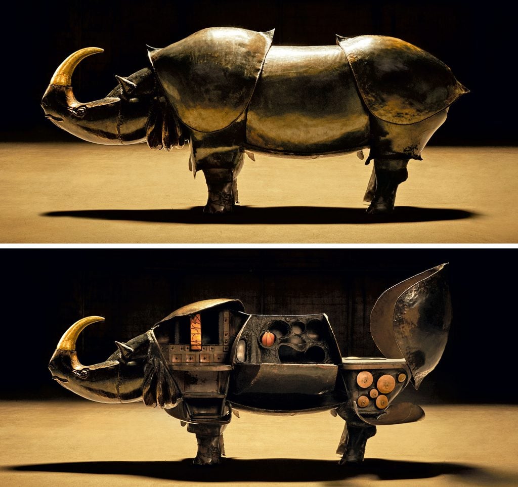 François-Xavier Lalanne, Rhinocretaire I (1964), unique piece. Patinated brass, patinated bronze, zinc, brass, silvered brass, leather, one key. © Christie’s Images Limited 2023.