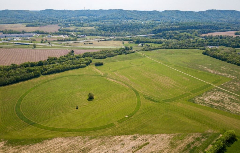 Aerial view of Hopeton Earthworks at Hopewell Ceremonial Earthworks in Ohio, now a UNESCO World Heritage site. Photo by Tim Anderson Jr., ©First Capital Aerial Media.