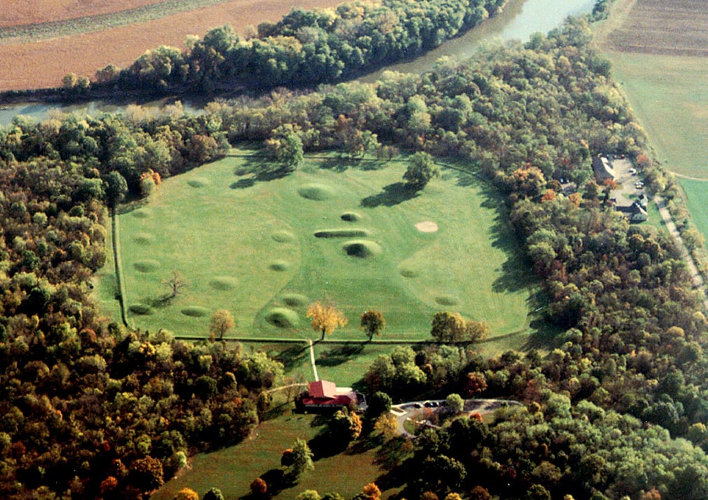 Aerial view of a mound city at Hopewell Ceremonial Earthworks in Ohio, now a UNESCO World Heritage site. Photo by John Blank, ©Hopewell Culture NHP/US National Park Service.