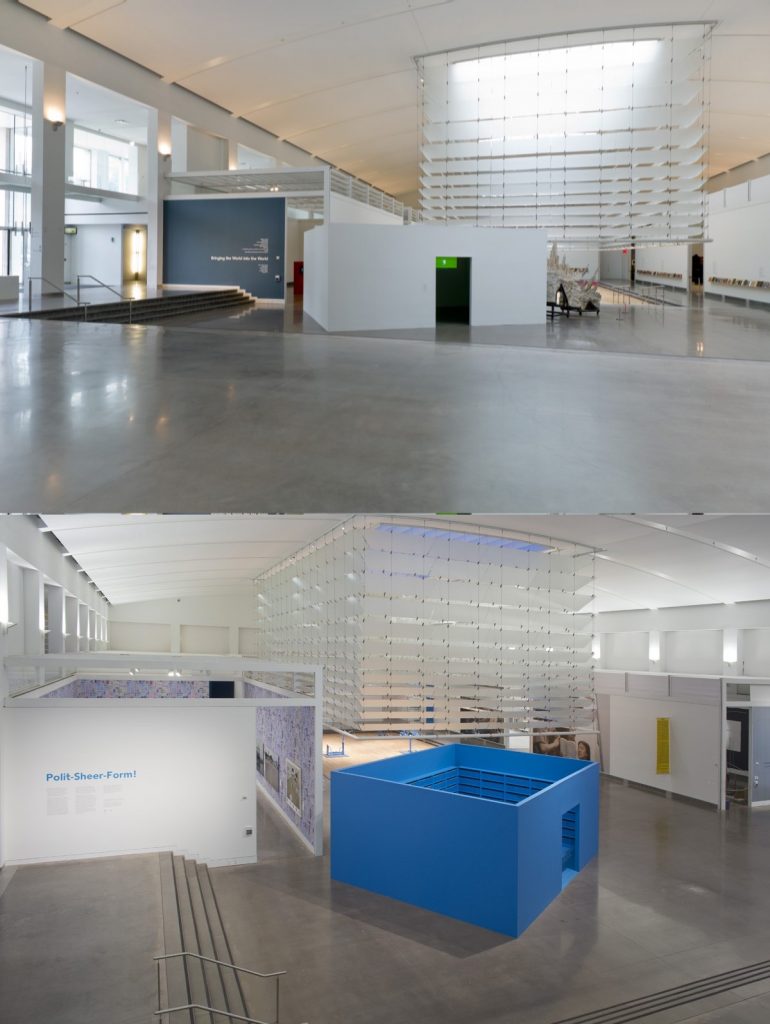 A temporary enclosed structure displaying work by Harun Farocki for the 2014 Queens Museum show "Bringing the World Into the World" was reused for the next exhibition, "Polit-Sheer-Form-Office (PSFO) Polit-Sheer-Form!" Photos courtesy of the Queens Museum. 