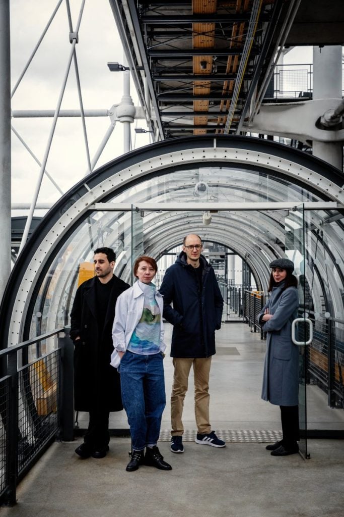 Marcel Duchamp Prize 2023 nominees Tarik Kiswanson, Bertille Bak, Massinissa Selmani, and Bouchra Khalili. Photo ©Julie Ansiau, courtesy of the Centre Pompidou, Paris.