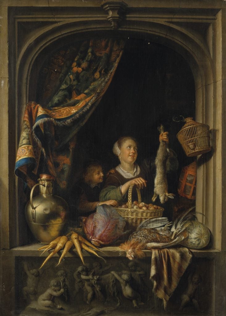 Gerrit Dou, A young woman holding a hare with a boy at a window (ca. 1653–57). Courtesy of Christies.