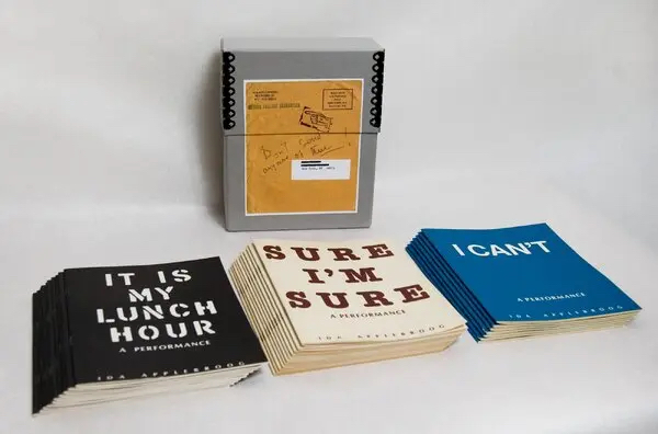 Three piles of booklets from Ida Applebroog’s series <em>A Performance</em> (1977–81). Photo by Emily Poole, courtesy of Hauser and Wirth.