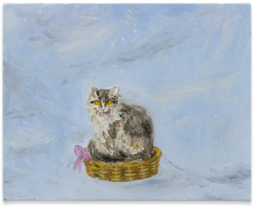 Karen Kilimnik, The cat sitting in its favourite basket out in the blizzard, the Himalaya. Courtesy the artist, Sprüth Magers and Galerie Eva Presenhuber