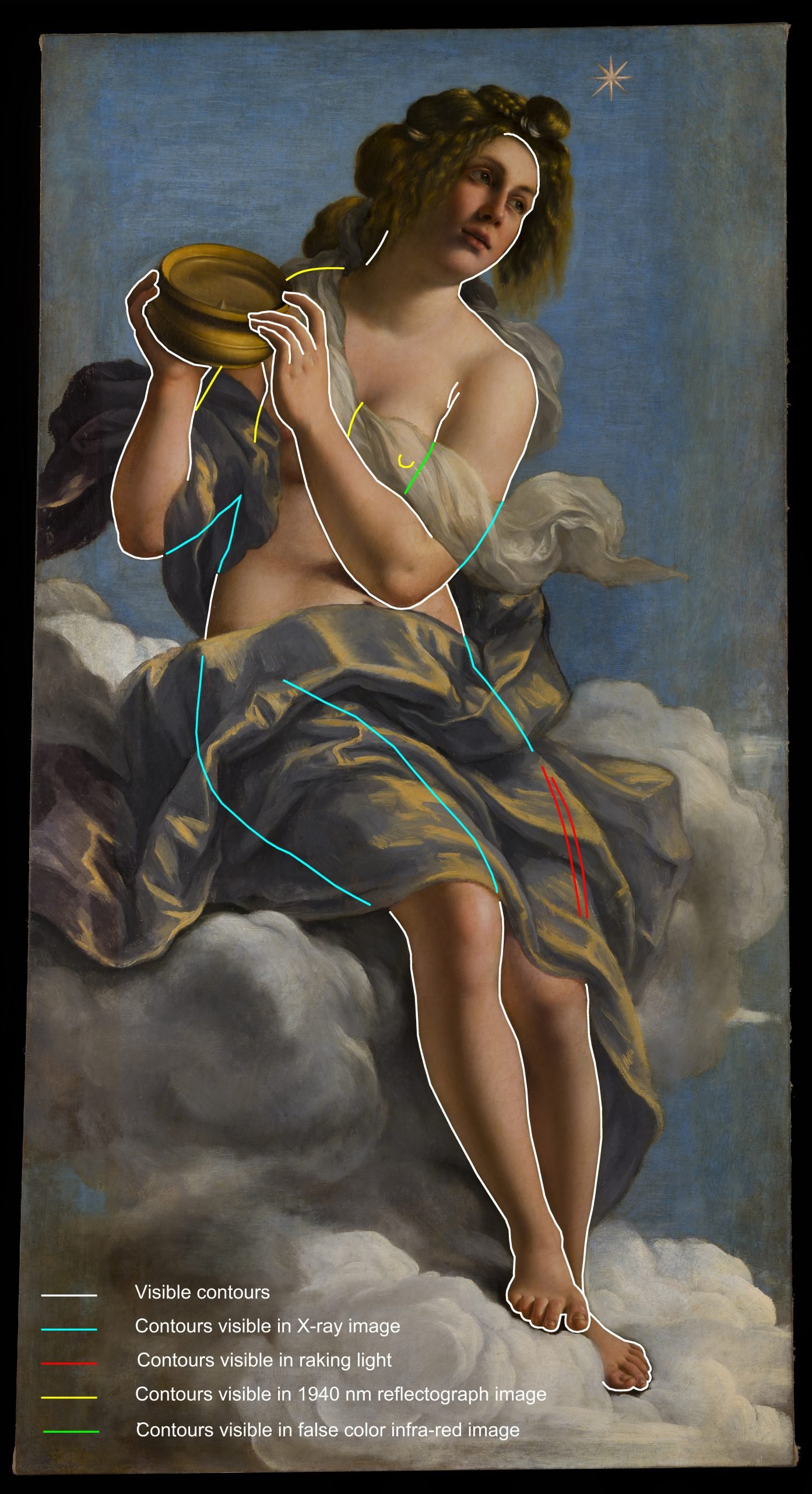 Artemisia Gentileschi, Allegory of Inclination (1816), with contours traced in visible light and using diagnostic ph. Photo courtesy of the Casa Buonarroti, Florence.