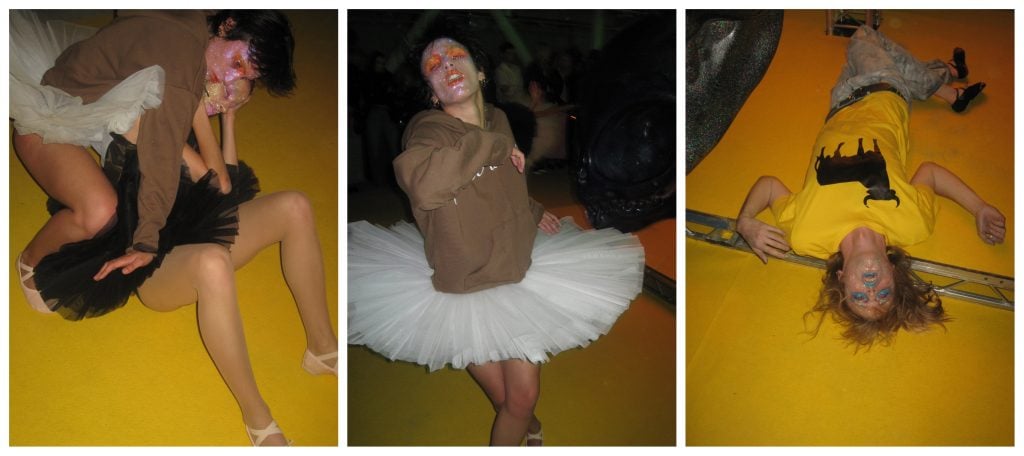 Performance art where a person dances in face paint and a ballet costume