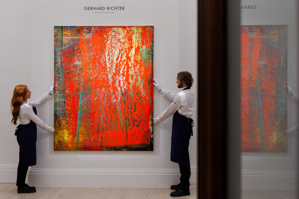 Gerhard Richter’s <i>Abtraktes Bild</i> (estimate £16 – 24 million), painted in 1986, goes on view as part of Sotheby’s Frieze week exhibitions of Contemporary art at Sotheby's on October 06, 2023 in London, England. Photo by Tristan Fewings/Getty Images for Sotheby's.