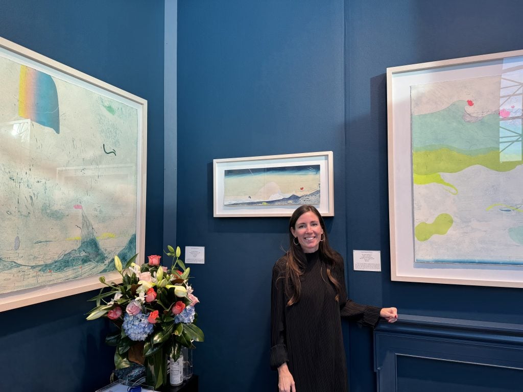 Allison Bianco with her work shown by Rhode Island's Cade Tompkins Projects at the IFPDA Print Fair. Photo by Sarah Cascone. 