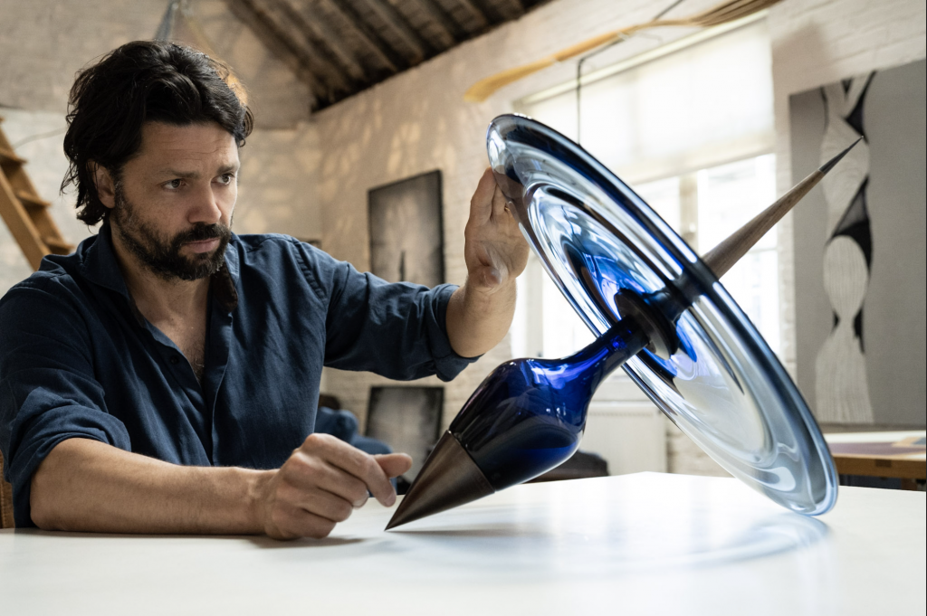 British artist Conrad Shawcross in his studio with one of the sculpture editions. Courtesy of Royal Salute.