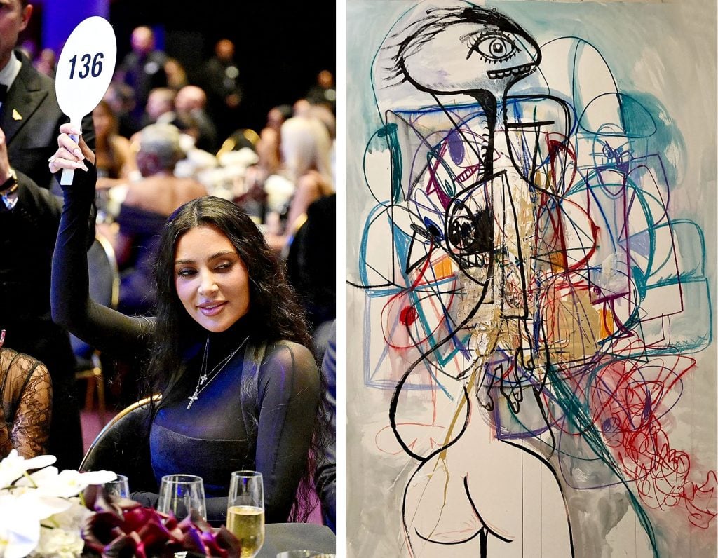 Kim Kardashian holds up a paddle to bid on George Condo's Standing Female Figure (2023), mixed-media on paper, shown at right. Photo on left by Dave Kotinsky/Getty Images for REFORM Alliance.