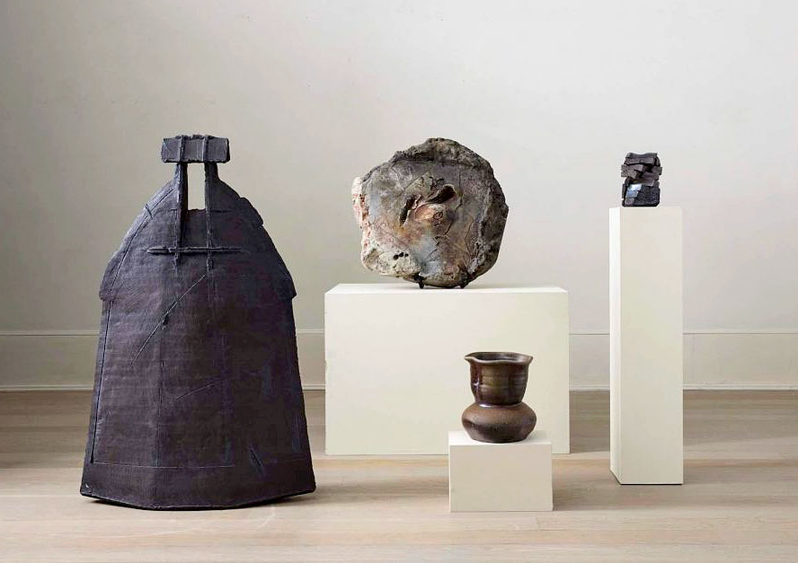 Studio pottery from Guild Gallery’s presentation at Frieze Masters 2023. Left to right: ceramic works by Rick Hintze, Peter Callas, Eisuke Morimoto, and Shozo Michikawa. Courtesy of Guild Gallery.