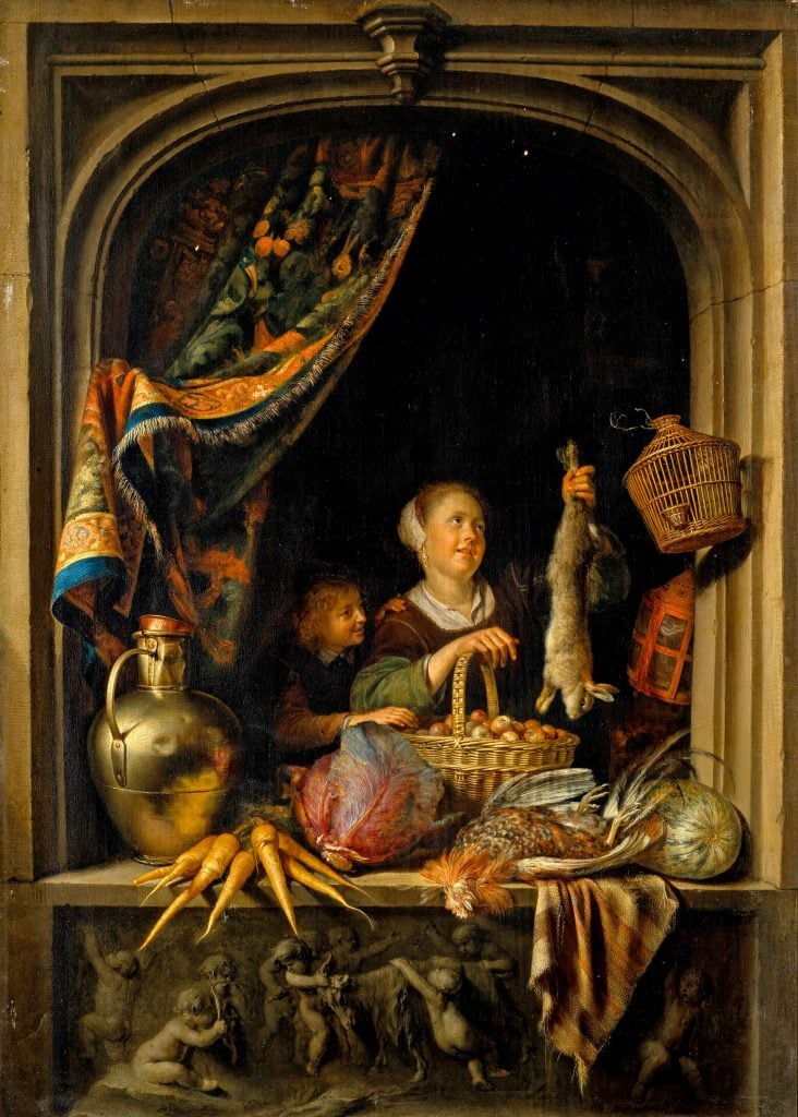 Gerrit Dou, <em>A young woman holding a hare with a boy at a window</em> (ca. ca.1653–57). Courtesy of Christies.