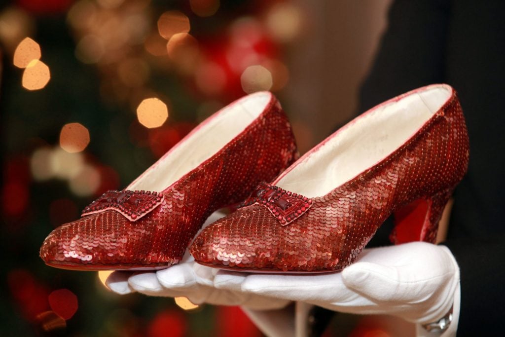 A pair of ruby slippers that Judy Garland wore in the Wizard of Oz.