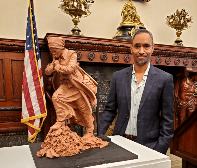 Alvin Pettit with the maquette for A Higher Power: The Call of a Freedom Fighter, selected by Philadelphia as the design for a new memorial to Harriet Tubman to be erected at City Hall. Photo courtesy of Creative Philly.