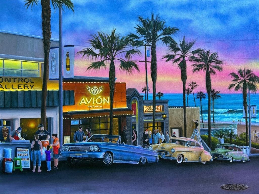 Gustavo Zermeño Jr.'s Manhattan Beach street scene painting, a collaboration with Avion Tequila now available as a limited-edition print. Image courtesy of the artist and Control Gallery.