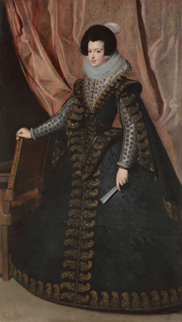 The Diego Velazquez painting depicts Queen Isabel de Borbón in her twenties wearing what the auction house called a dazzling black court dress.
