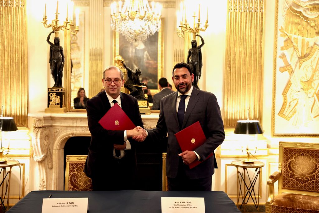 Centre Pompidou president Laurent Le Bon and Amr Almadani, CEO of the Royal Commission for AlUla (RCU) at signing ceremony on November 27.. Credit French Agency for AlUla Development (Afalula)