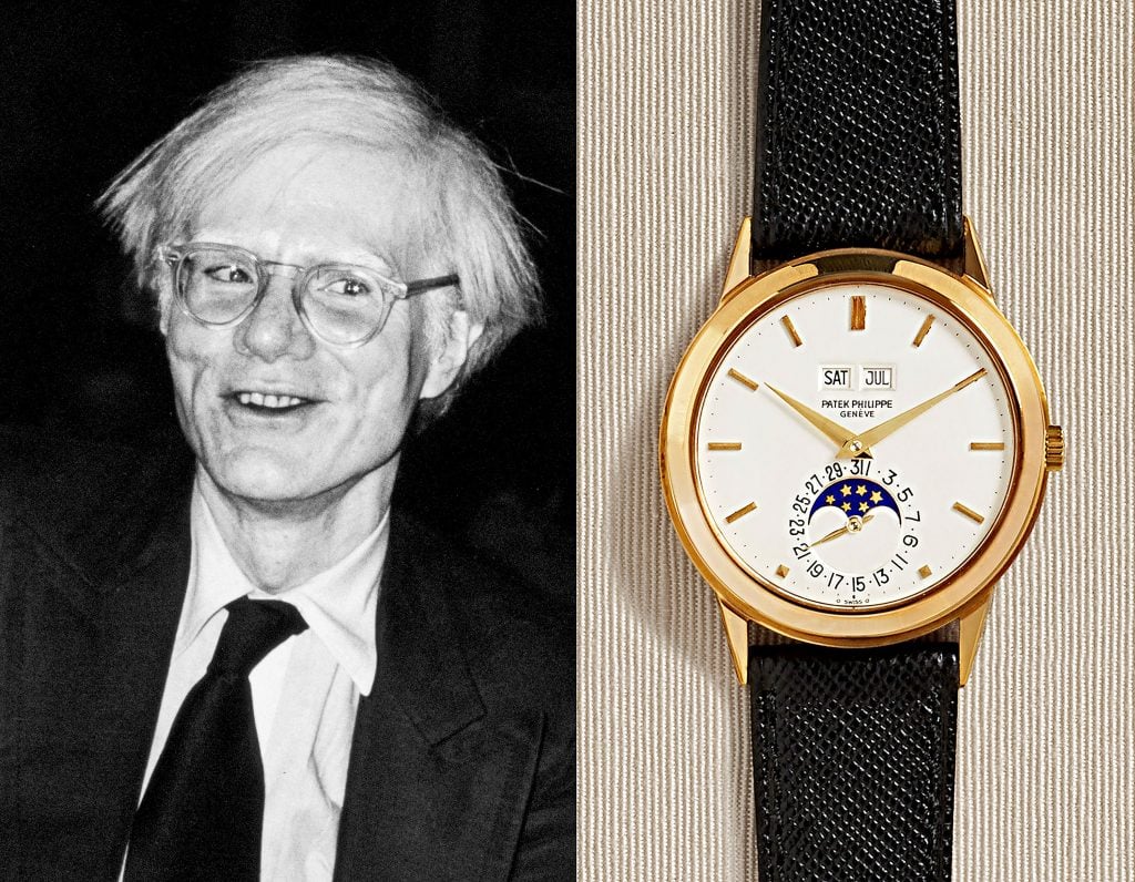 Andy Warhol photographed in 1978, the same year he bought his Patek Philippe Reference 3448, now up for auction at Christies. (Warhol photo by Michael Putland/Getty Images)