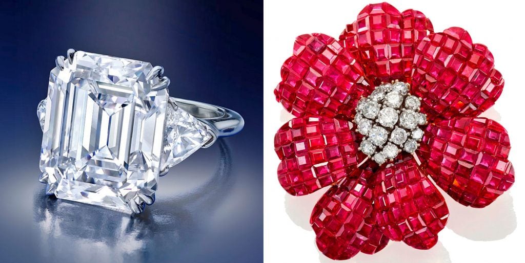 Left: Barbara Walters's Harry Winston engagement ring (est: $600,000–$900,000). Courtesy of Bonhams. Right: A ruby and diamond brooch in a floral arrangement. Courtesy of Bonhams.