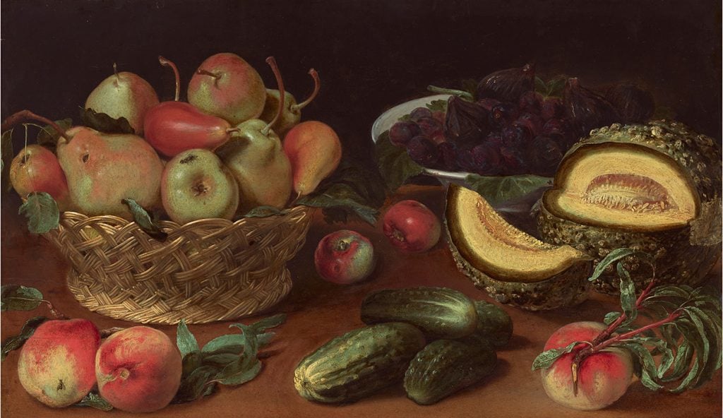 Fede Galizia, <em>Still Life of Apples, Pears, Cucumbers, Figs, and a Melon</em> (c. 1625–30). Collection of the National Gallery of Art, Washington, D.C. Gift of Funds from Roger Sant, Patrons’ Permanent Fund, and Gift of Funds from Deborah Burkland.