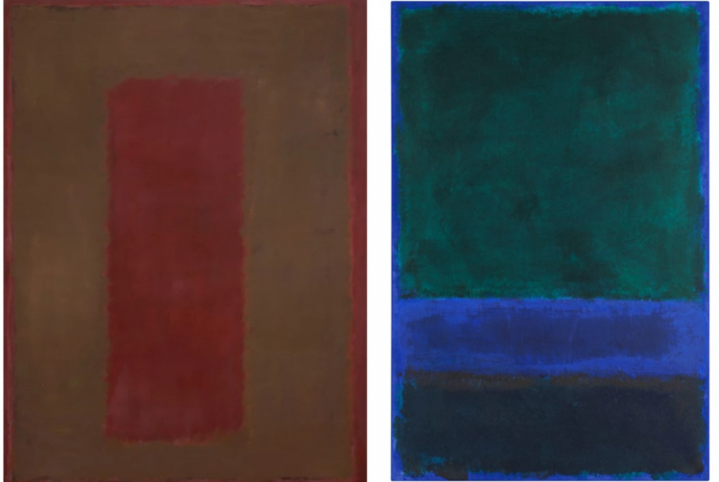 Left: Mark Rothko, <i>Untitled</i> (1958) from the "Seagram" series; right: Mark Rothko, <i>Untitled</i> (1968). Courtesy of Sotheby's.