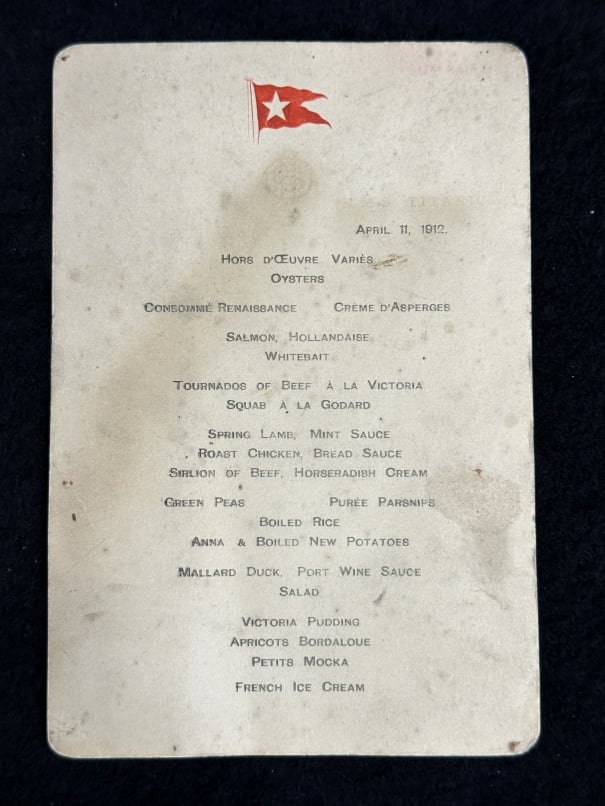 A first-class dinner menu from onboard the Titanic the night of April 11, 1912, a day after the ship set sail, sold at a U.K. auction on Saturday for £83,000 ($102,000). Photo courtesy of Henry Aldridge & Son.