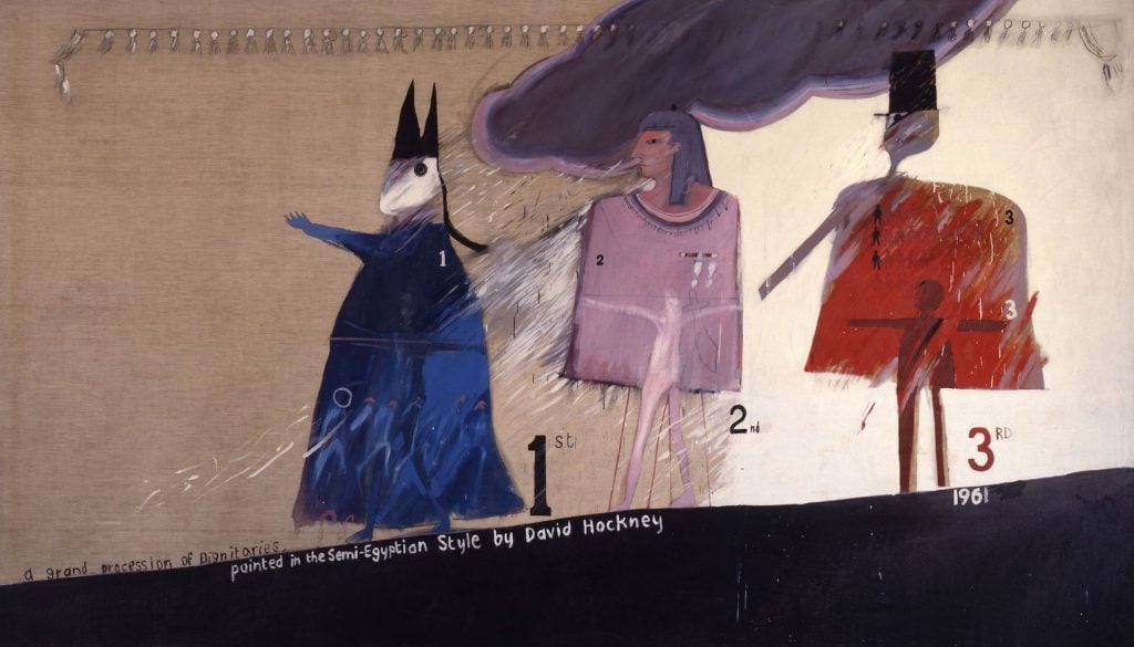 David Hockney, A Grand Procession of Dignitaries in the Semi-Egyptian Style (1961). © David Hockney / Tyler Graphics Ltd. 