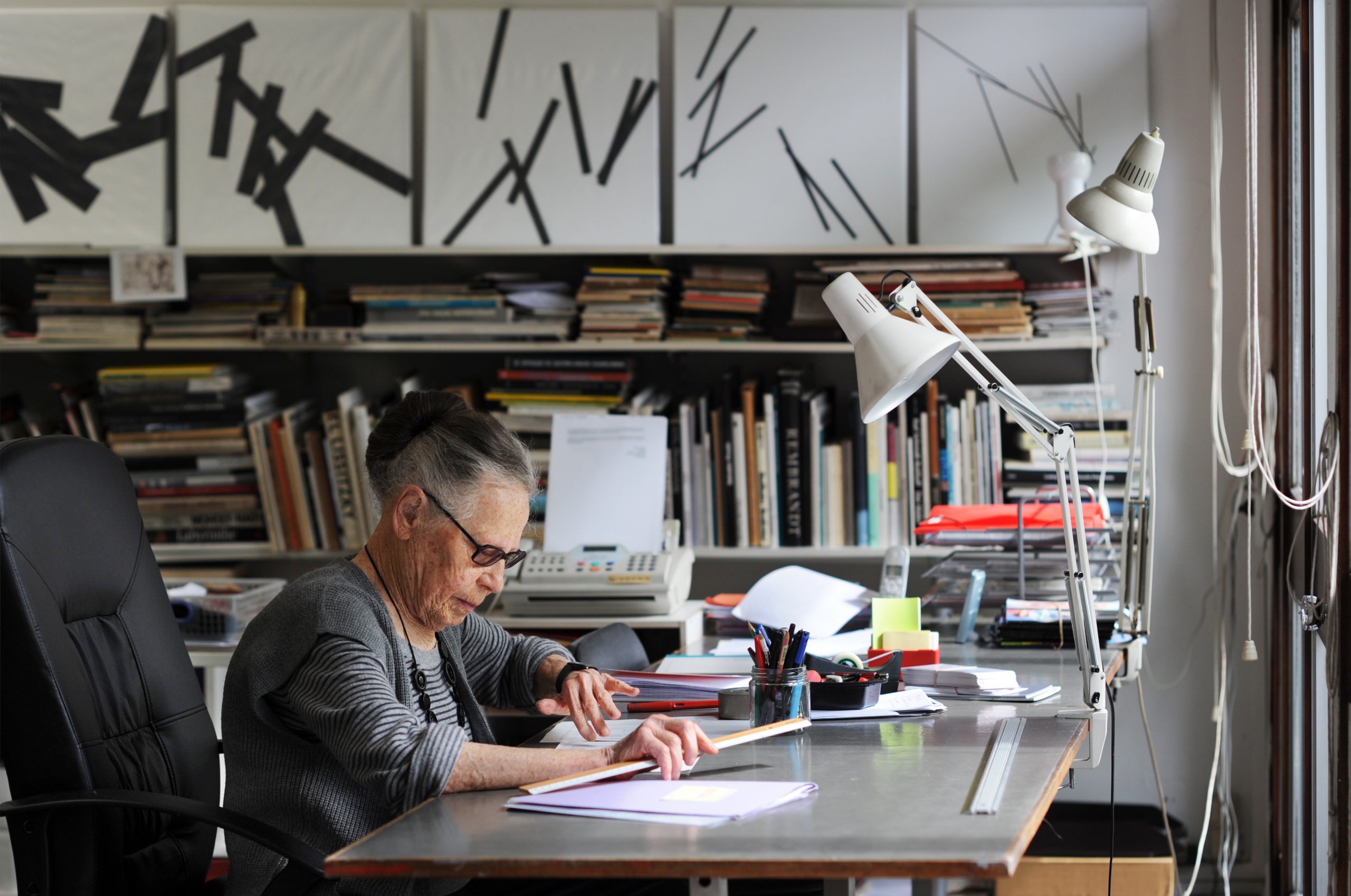 Vera Molnár in her home and studio workshop on May 28, 2011 in Paris, France. Photo: Catherine Panchout/ Sygma via Getty Images.