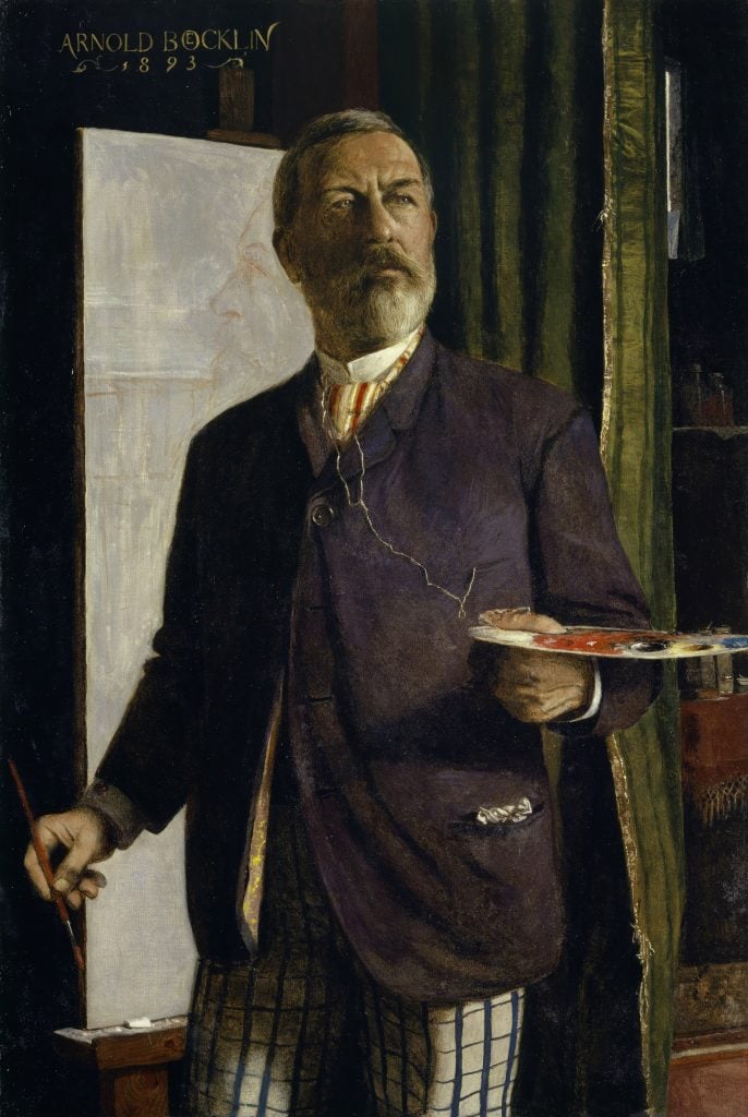 Arnold Böcklin, Self-Portrait in the Studio (1893). Collection of Art Museum Basel. Photo by Fine Art Images/Heritage Images via Getty Images.