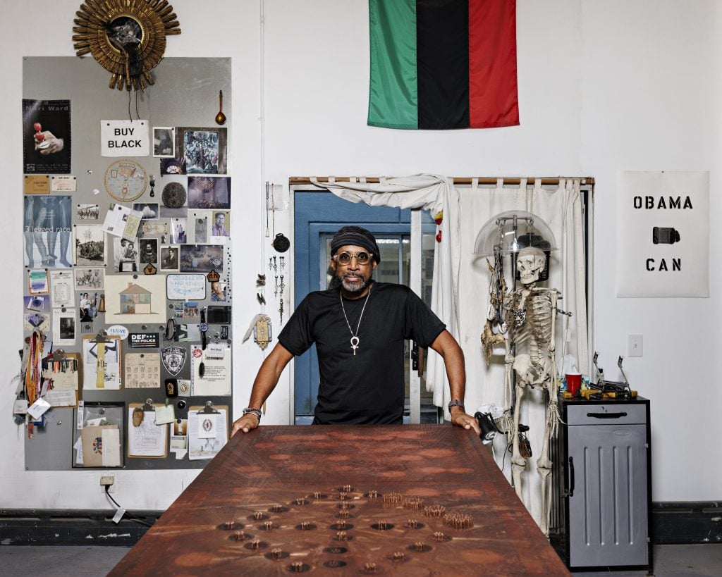 Artist Nari Ward shot in his Harlem studio for Lehmann Maupin.