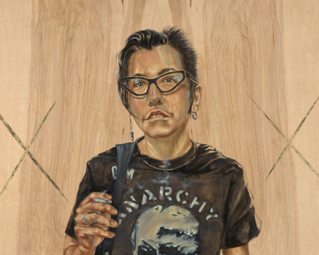 Shizu Saldamando, Prisca in GISM Shirt (2023). Image courtesy of the artist and Charlie James Gallery, Los Angeles. © 2023 Shizu Saldamando; Photo © 2023 Yubo Dong @ofphotostudio