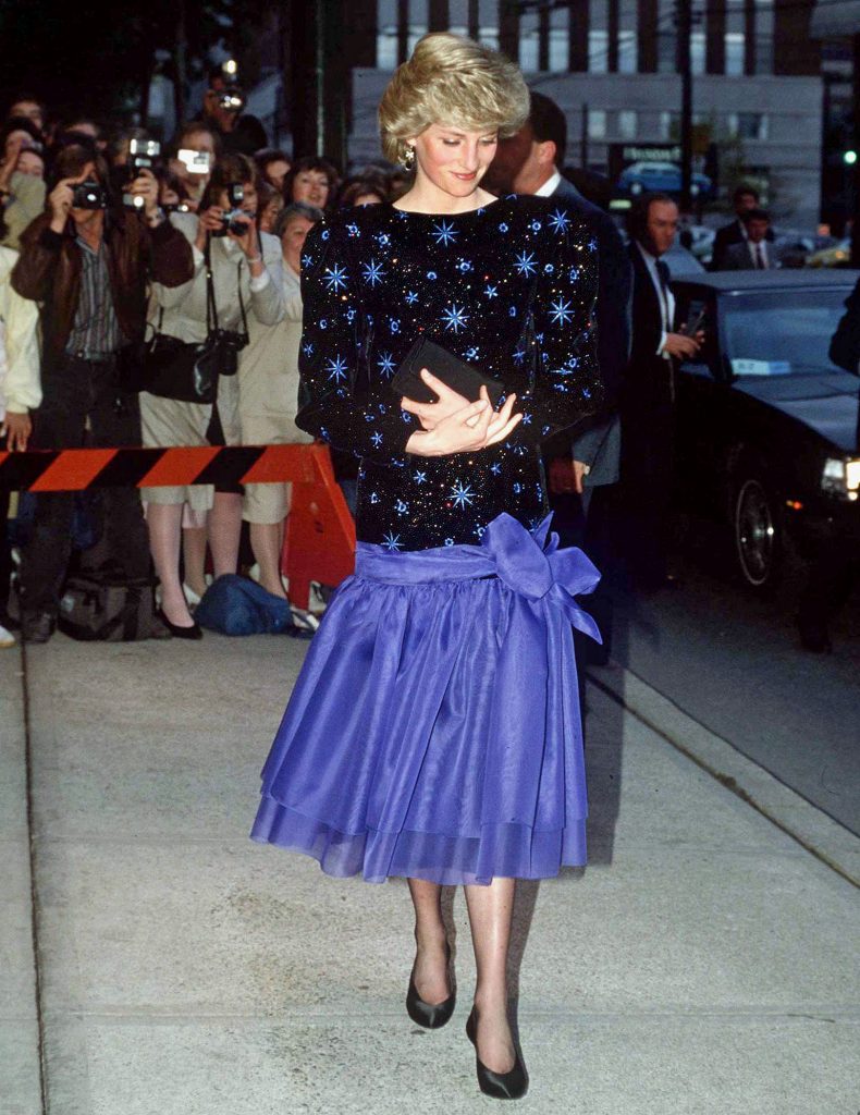 Princess Diana In Vancouver, Canada, in an evening dress designed by Jacques Azagury arriving at the Orpheum Theatre for a performance by the Vancouver Symphony Orchestra.