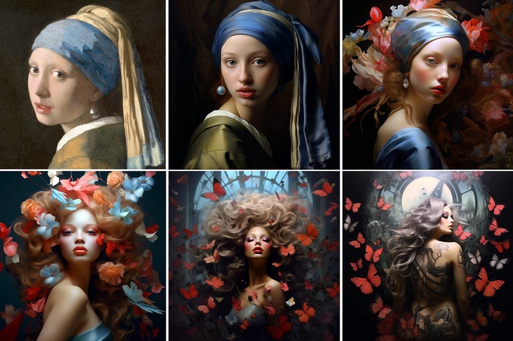 Johannes Vermeer's Girl With a Girl Earring, evolved through six iterations with Midjourney.
