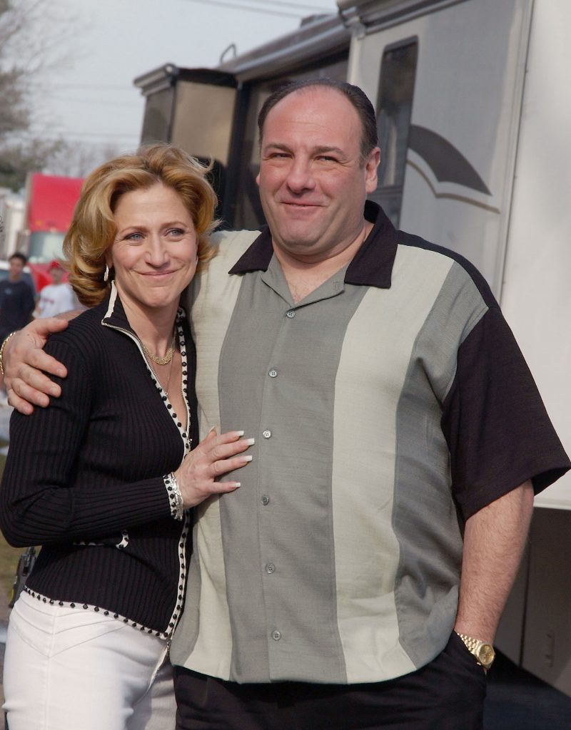 Actor James Gandolfini and actress Edie Falco, who played Tony and Carmela Soprano, on site in Bloomfield, New Jersey. (Photo by Arnaldo Magnani/Getty Images)