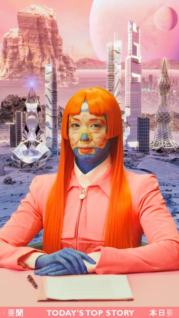 an artwork that shows a person in a surrealistic newscast with a futuristic city behind them